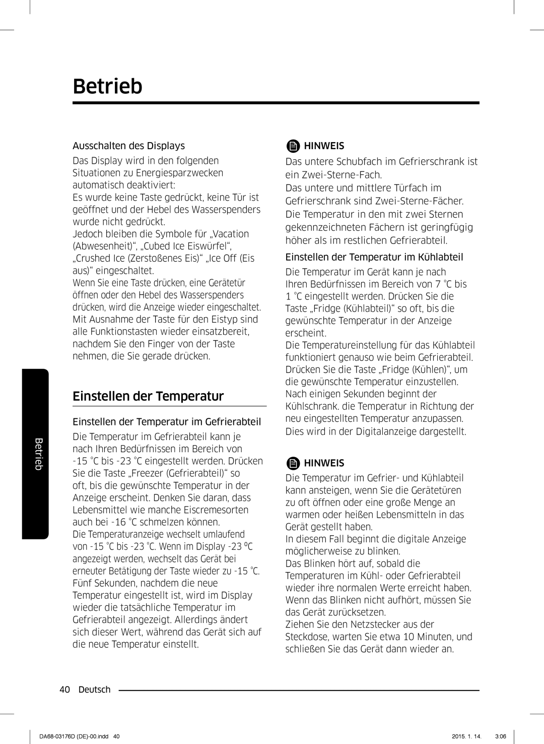 Samsung RH56J6917SL/TR, RH56J6918SL/EF manual Einstellen der Temperatur 