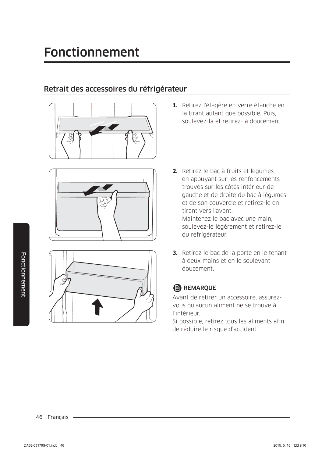 Samsung RH56J6917SL/ZA manual Retrait des accessoires du réfrigérateur 