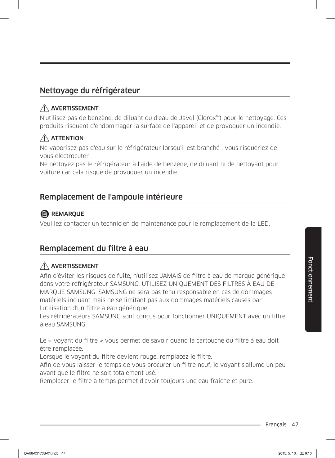 Samsung RH56J6917SL/ZA manual Nettoyage du réfrigérateur, Remplacement de lampoule intérieure, Remplacement du filtre à eau 