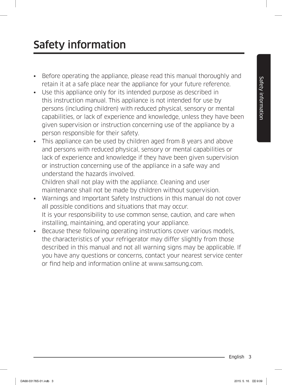 Samsung RH56J6917SL/ZA manual Safety information 