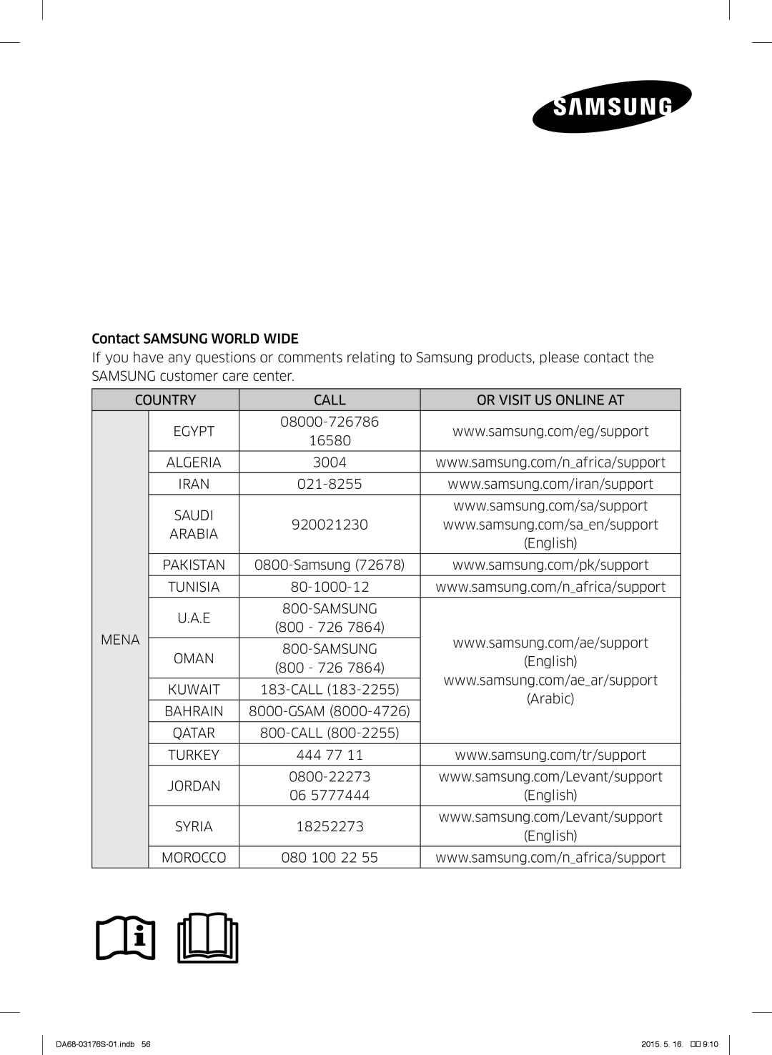 Samsung RH56J6917SL/ZA manual Country Call Or Visit US Online AT 