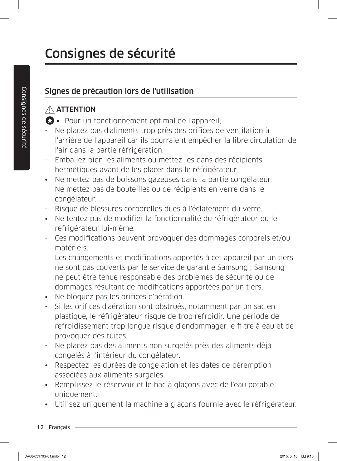 Samsung RH56J6917SL/ZA manual Signes de précaution lors de lutilisation 