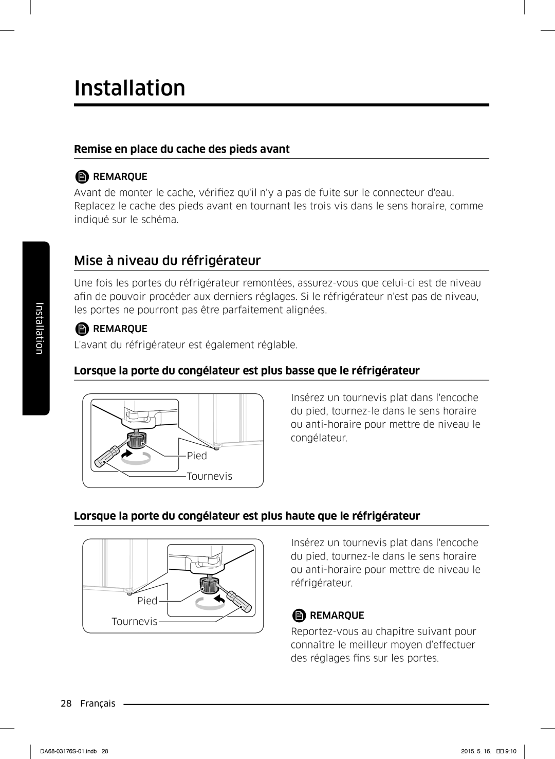 Samsung RH56J6917SL/ZA manual Mise à niveau du réfrigérateur, Remise en place du cache des pieds avant 