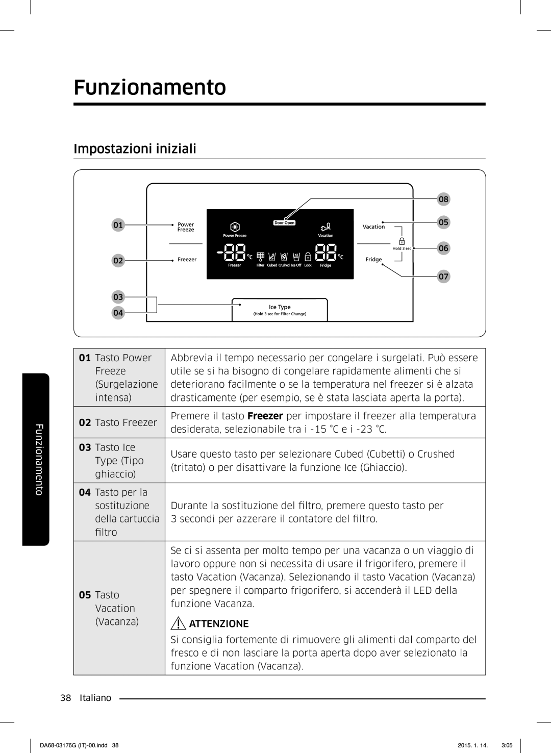 Samsung RH56J69187F/EF manual Funzionamento, Impostazioni iniziali 