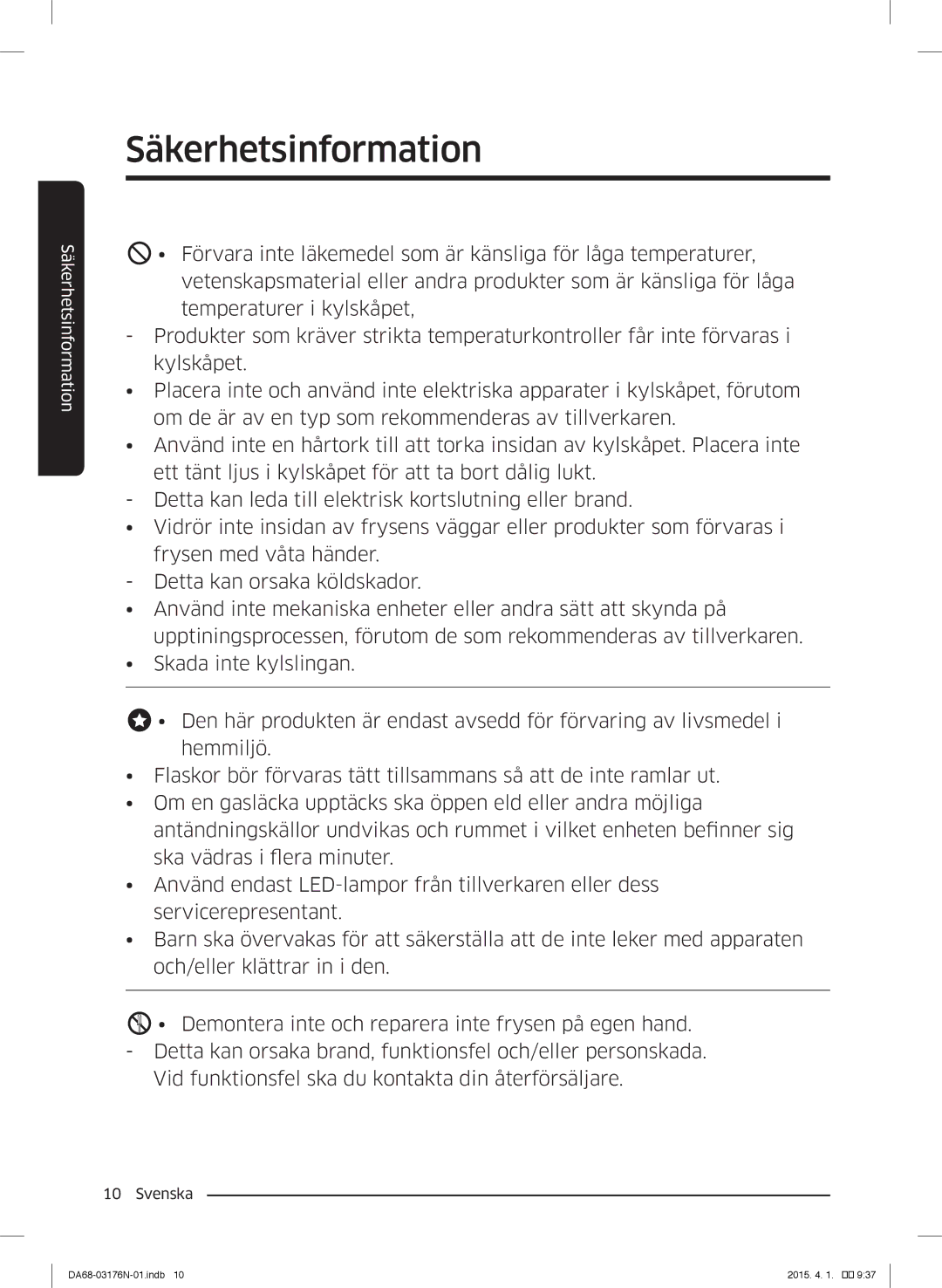 Samsung RH56J69187F/EF manual Säkerhetsinformation 