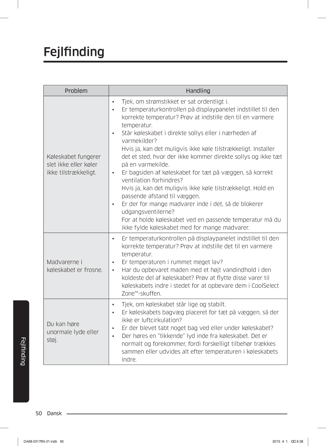 Samsung RH56J69187F/EF manual Fejlfinding, FindingFejl 