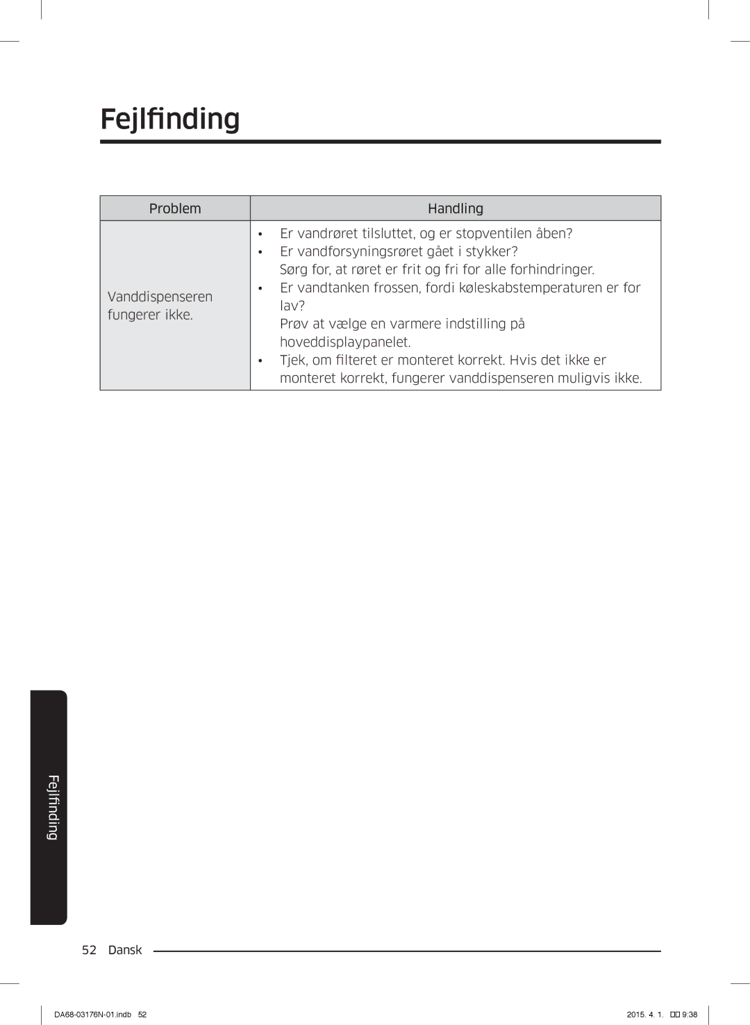 Samsung RH56J69187F/EF manual Fejlfinding 