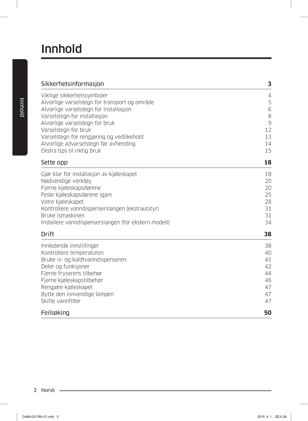 Samsung RH56J69187F/EF manual Innhold, Sikkerhetsinformasjon 