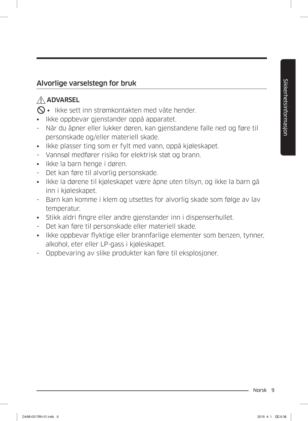 Samsung RH56J69187F/EF manual Alvorlige varselstegn for bruk 