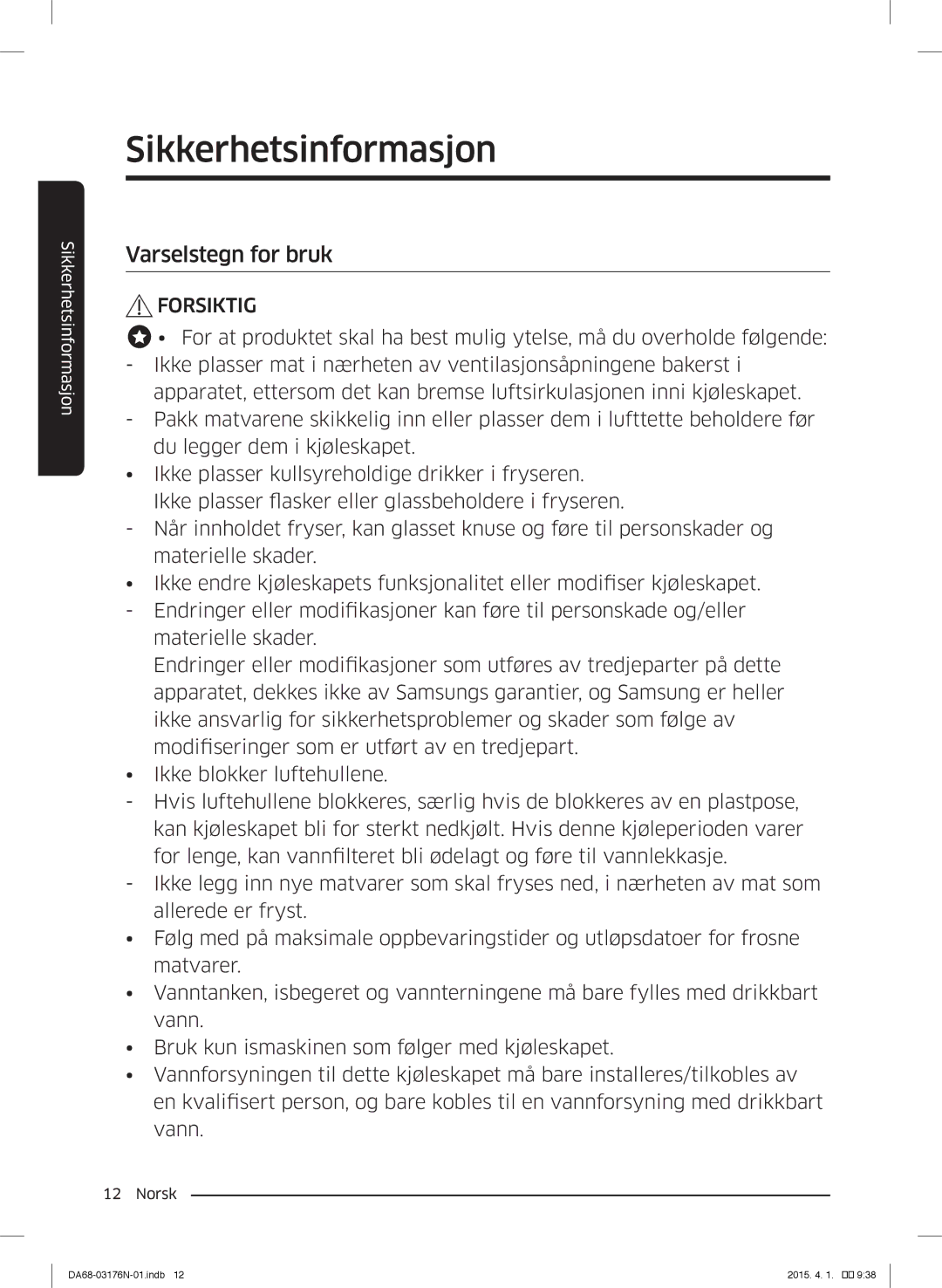 Samsung RH56J69187F/EF manual Varselstegn for bruk 