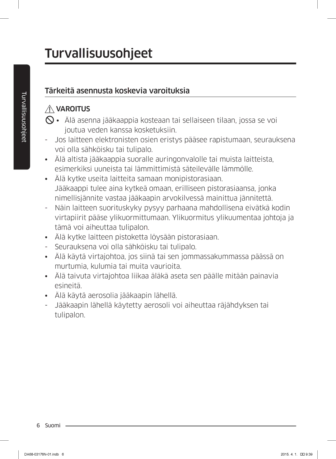 Samsung RH56J69187F/EF manual Tärkeitä asennusta koskevia varoituksia 