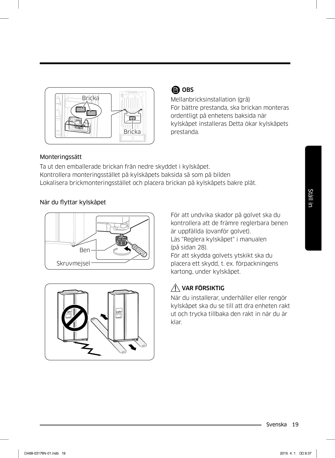 Samsung RH56J69187F/EF manual Obs, VAR Försiktig 