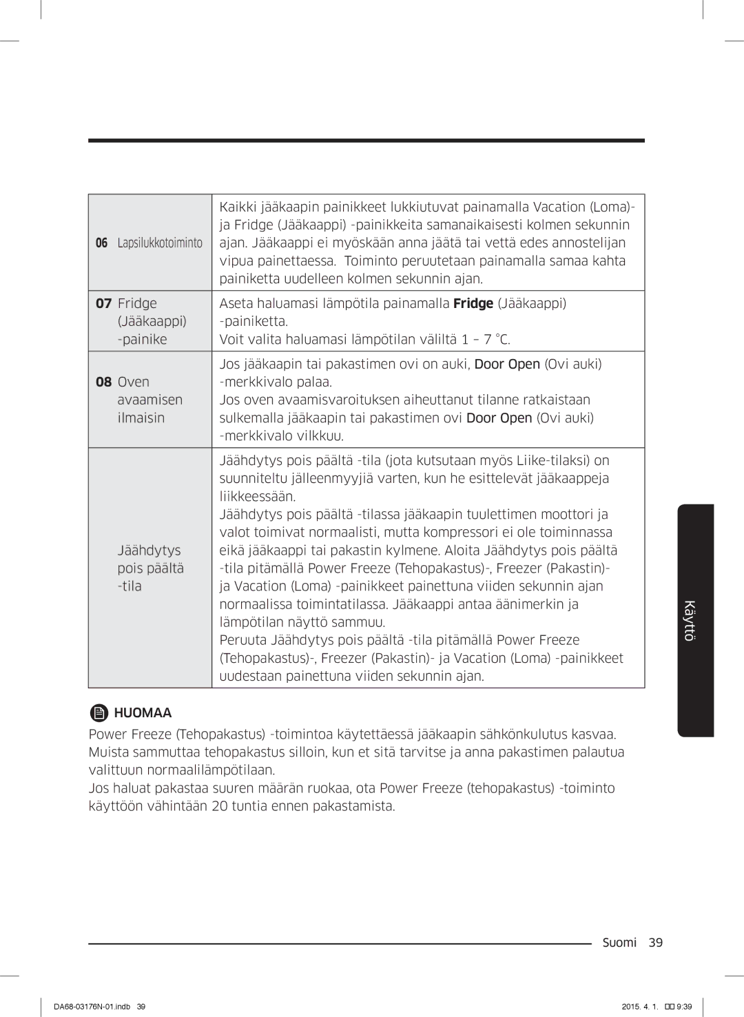 Samsung RH56J69187F/EF manual Painiketta uudelleen kolmen sekunnin ajan 