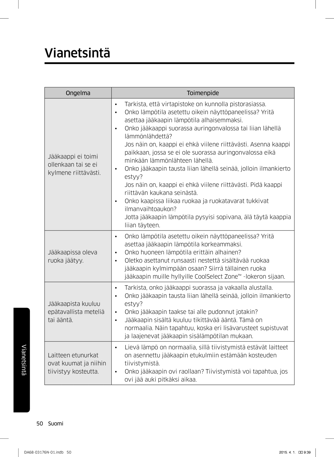 Samsung RH56J69187F/EF manual Vianetsintä 