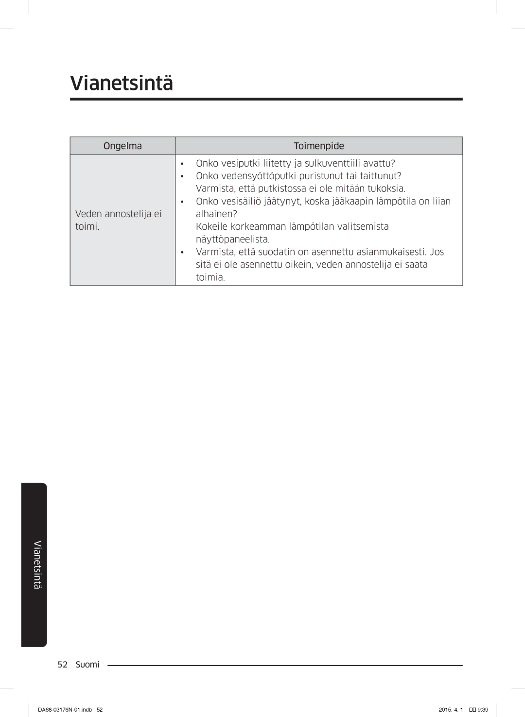 Samsung RH56J69187F/EF manual Vianetsintä 