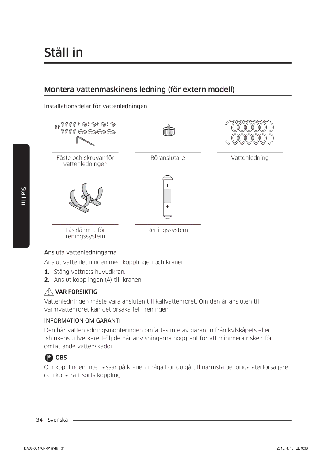 Samsung RH56J69187F/EF manual Montera vattenmaskinens ledning för extern modell, Information OM Garanti 