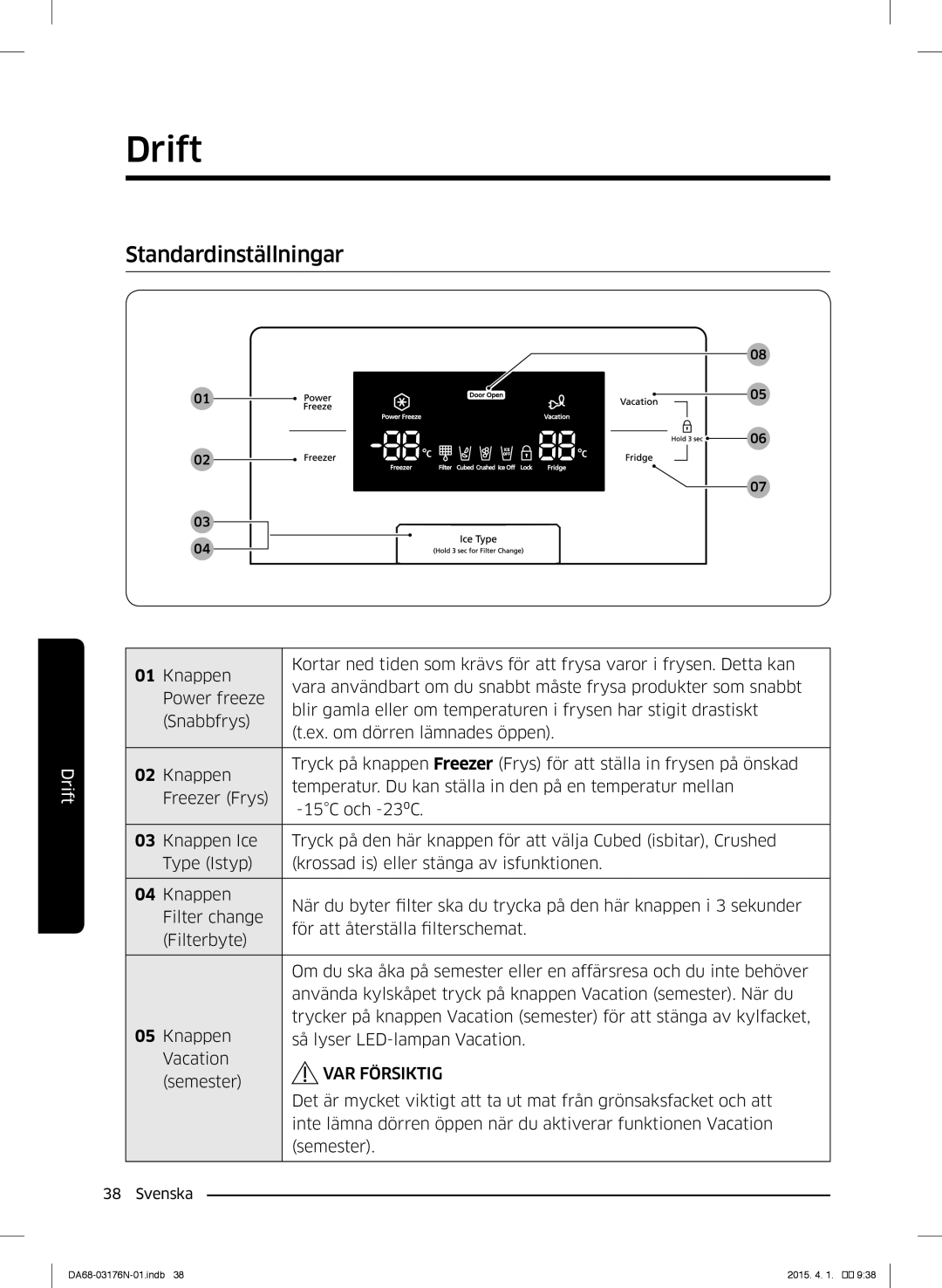 Samsung RH56J69187F/EF manual Drift, Standardinställningar 