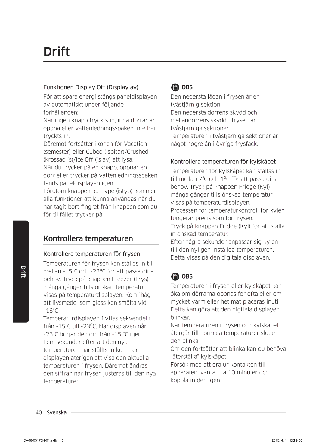 Samsung RH56J69187F/EF manual Kontrollera temperaturen 