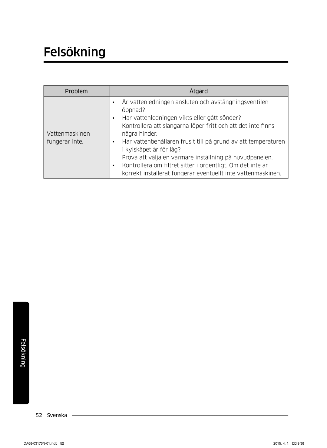 Samsung RH56J69187F/EF manual Felsökning 