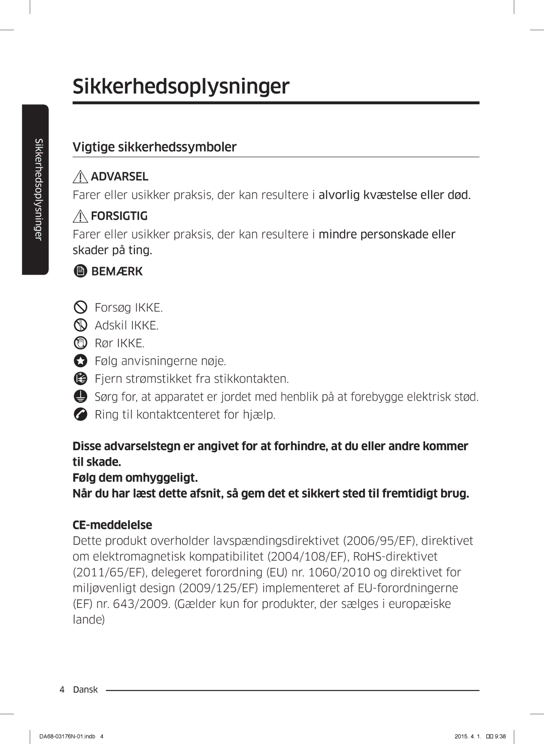 Samsung RH56J69187F/EF manual Vigtige sikkerhedssymboler, Bemærk 