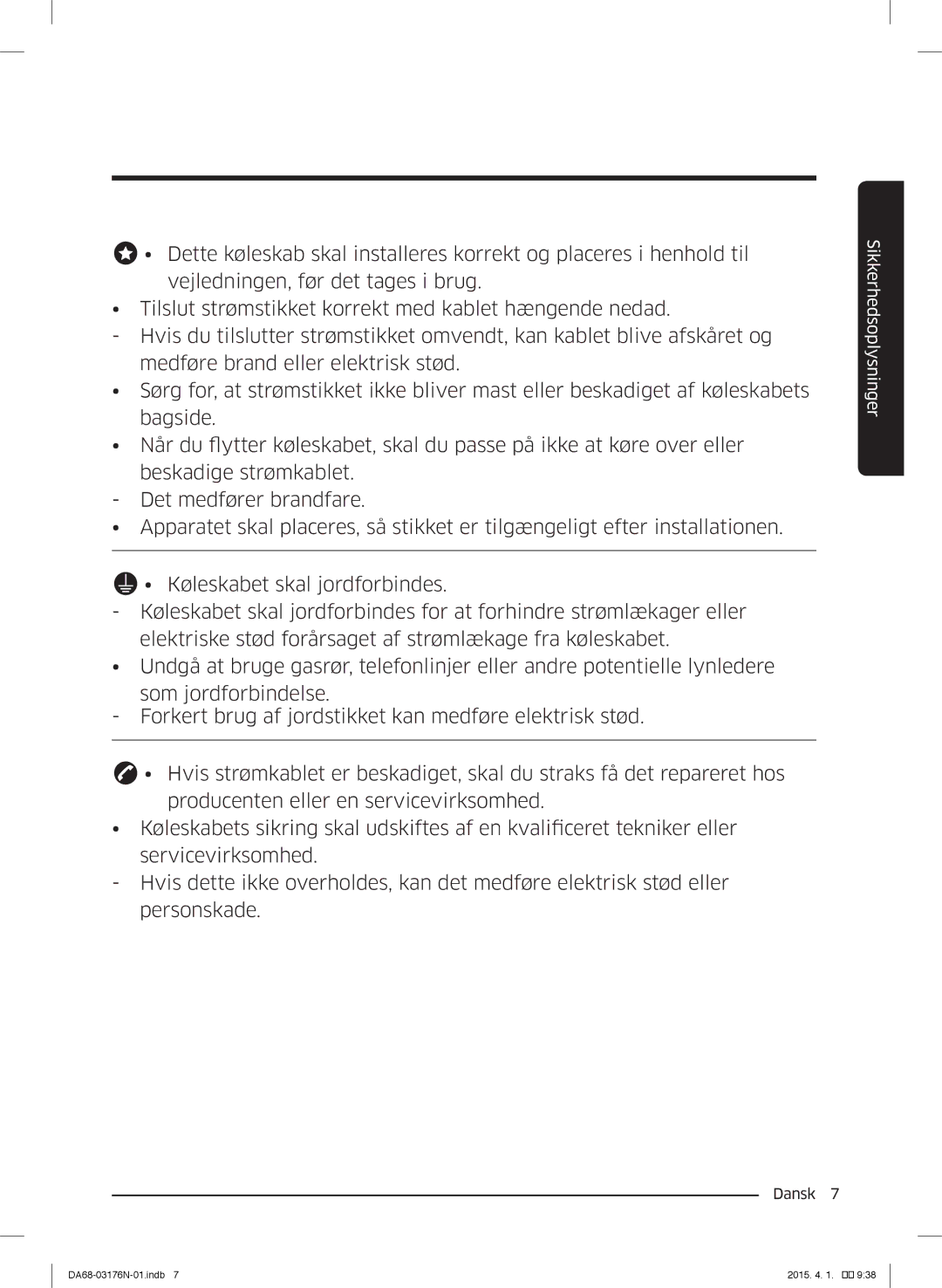 Samsung RH56J69187F/EF manual Sikkerhedsoplysninger 