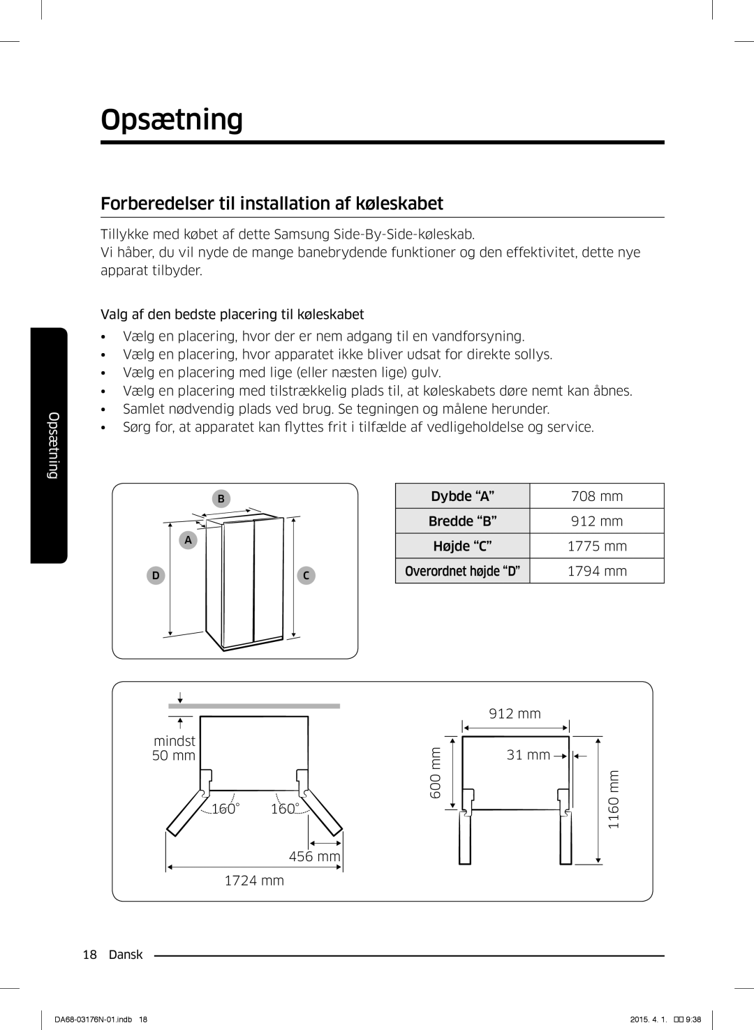 Samsung RH56J69187F/EF manual Opsætning, Forberedelser til installation af køleskabet 