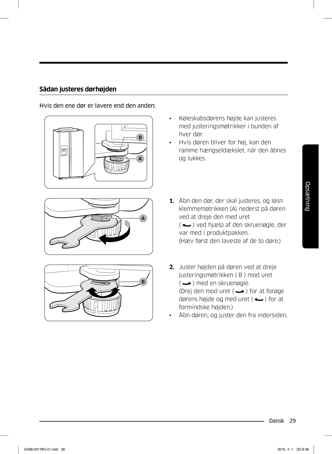 Samsung RH56J69187F/EF manual Sådan justeres dørhøjden 