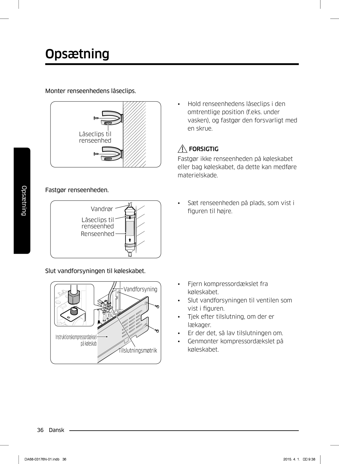 Samsung RH56J69187F/EF manual Monter renseenhedens låseclips Låseclips til renseenhed 