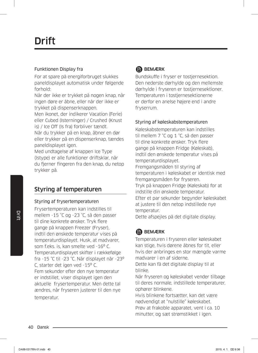 Samsung RH56J69187F/EF manual Styring af temperaturen 