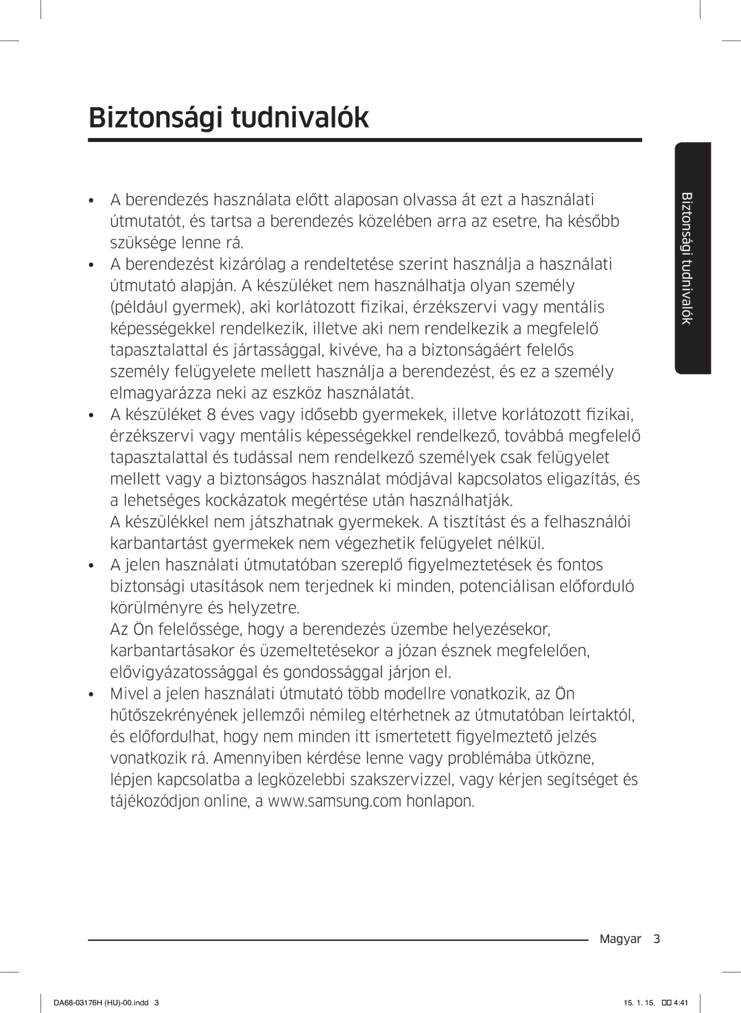 Samsung RH56J69187F/EF manual Biztonsági tudnivalók 