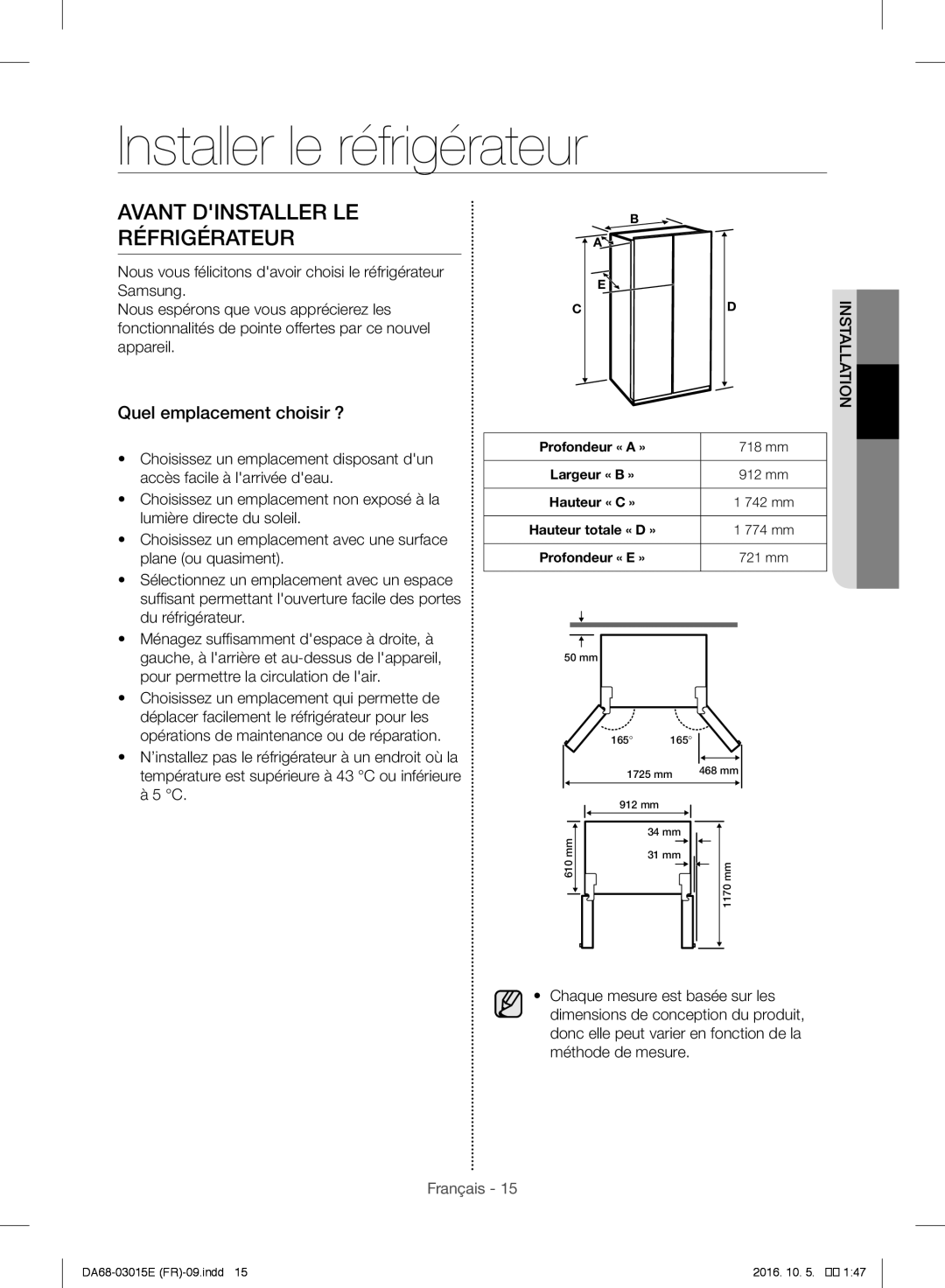 Samsung RH57H90507F/EF manual Avant Dinstaller LE Réfrigérateur, Quel emplacement choisir ? 