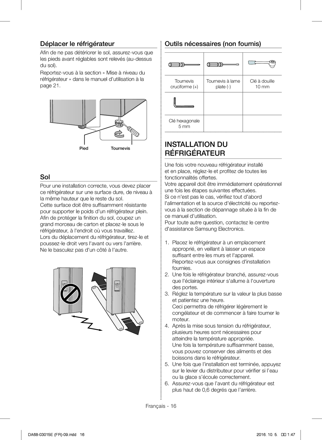 Samsung RH57H90507F/EF manual Installation DU Réfrigérateur, Déplacer le réfrigérateur 