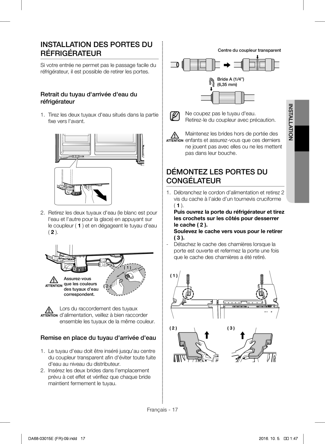 Samsung RH57H90507F/EF manual Installation DES Portes DU Réfrigérateur, Démontez LES Portes DU Congélateur 