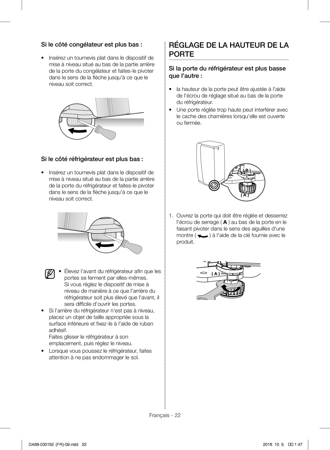 Samsung RH57H90507F/EF manual Réglage DE LA Hauteur DE LA Porte, Si le côté congélateur est plus bas 