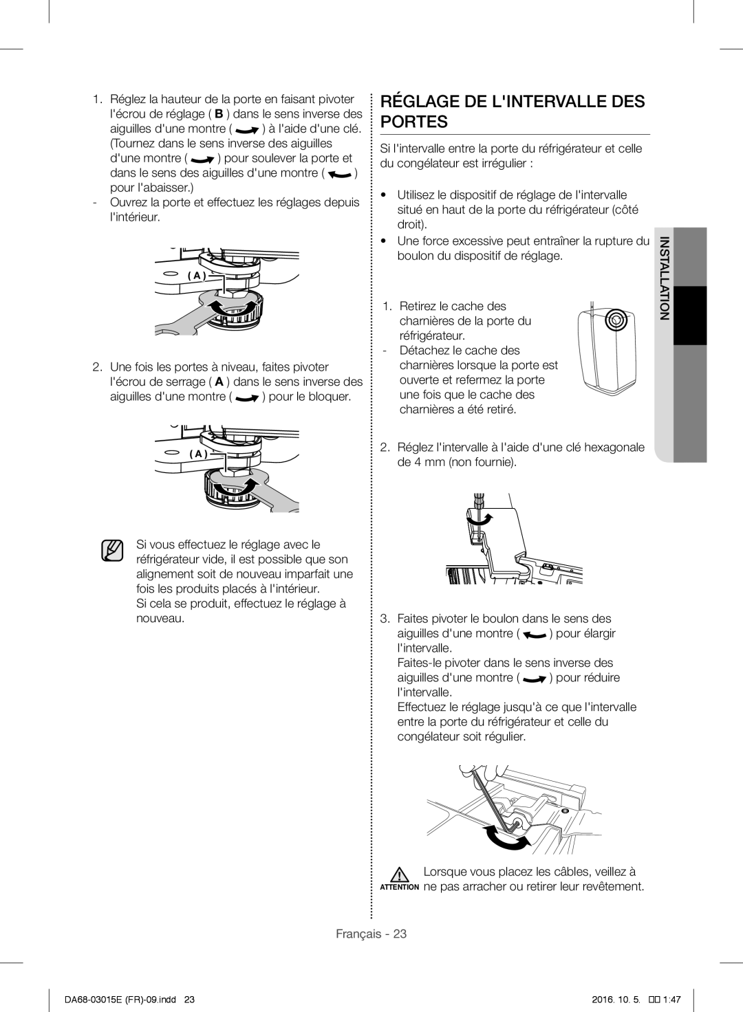 Samsung RH57H90507F/EF manual Réglage DE Lintervalle DES Portes, Aiguilles dune montre pour le bloquer 