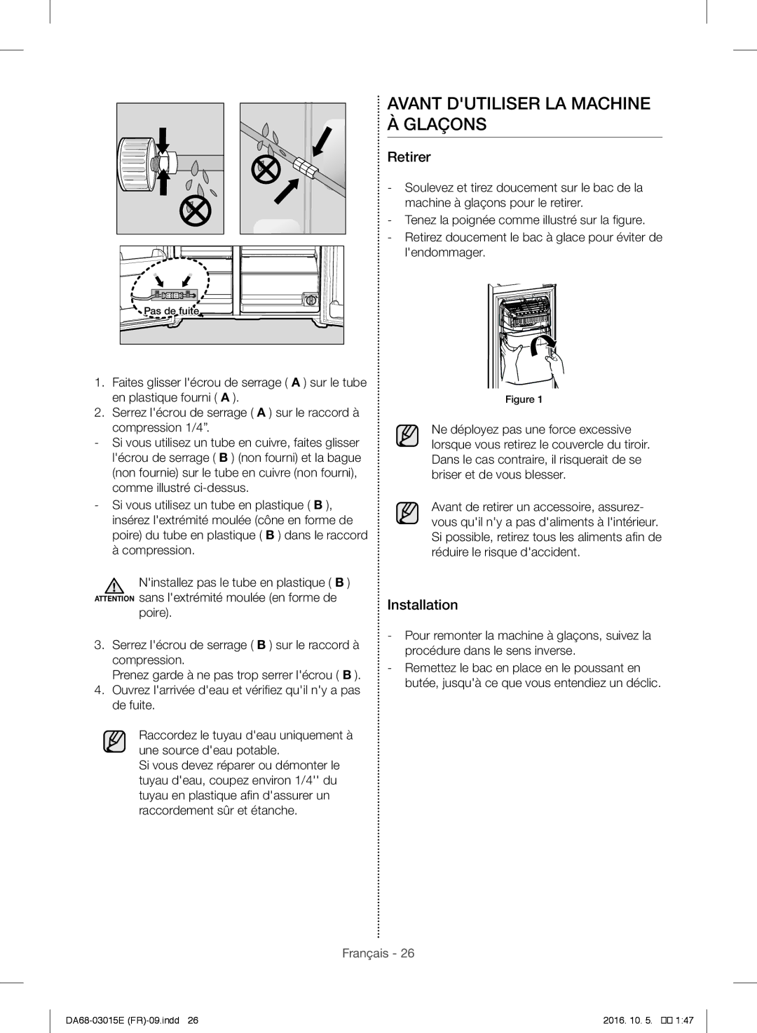 Samsung RH57H90507F/EF manual Avant Dutiliser LA Machine À Glaçons, Retirer, Installation 