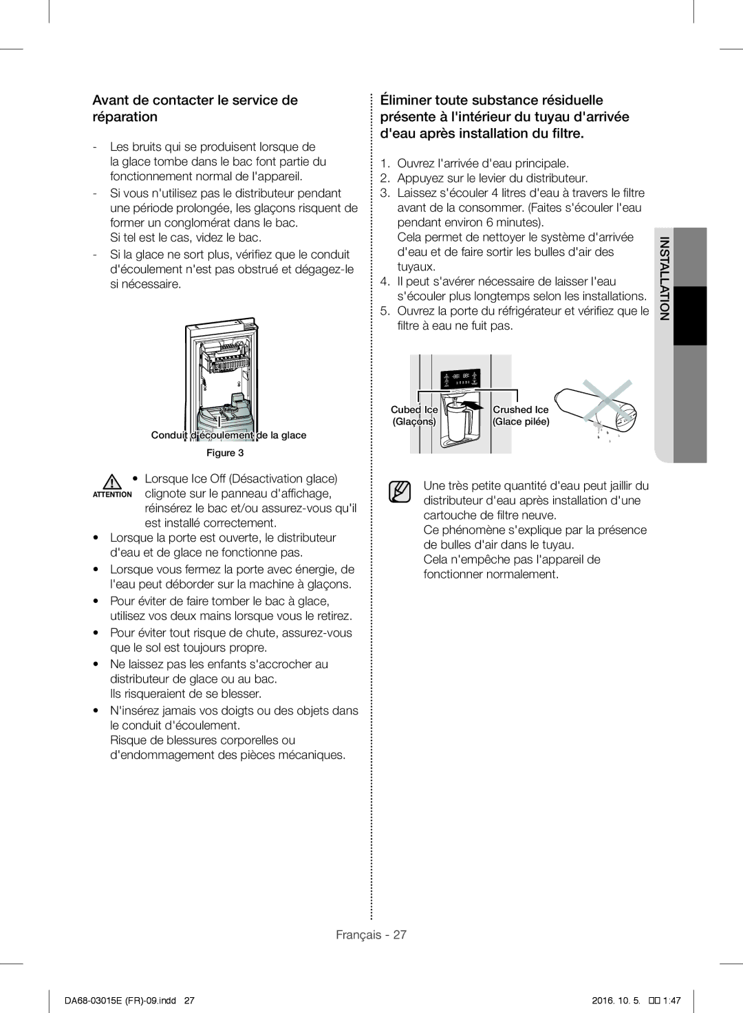 Samsung RH57H90507F/EF manual Avant de contacter le service de réparation, Cubed Ice Crushed Ice Glaçons Glace pilée 