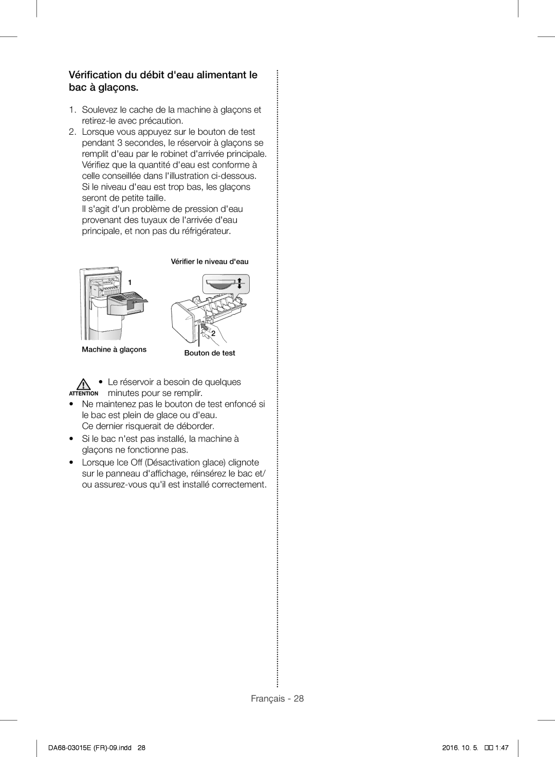 Samsung RH57H90507F/EF manual Vérification du débit deau alimentant le bac à glaçons 