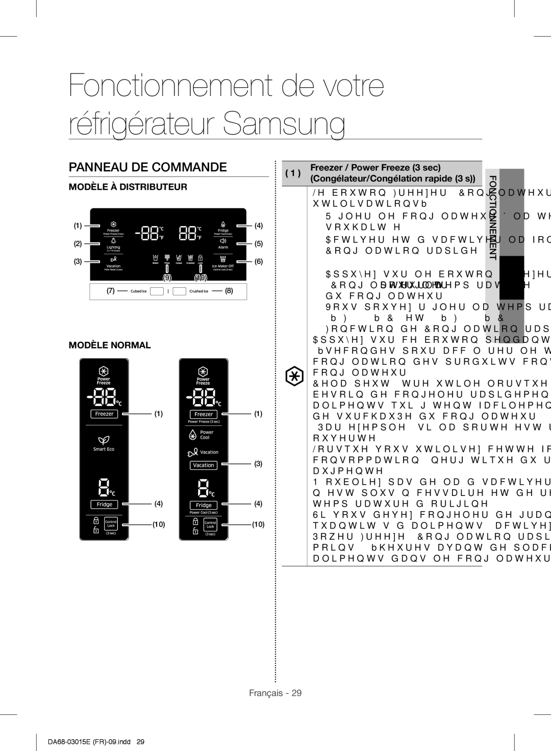 Samsung RH57H90507F/EF manual Panneau DE Commande, Freezer / Power Freeze 3 sec 