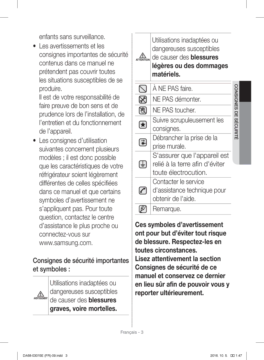 Samsung RH57H90507F/EF manual Consignes de sécurité importantes et symboles, Remarque 