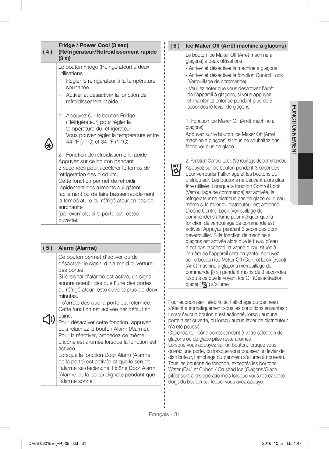 Samsung RH57H90507F/EF manual Alarm Alarme, Ice Maker Off Arrêt machine à glaçons 