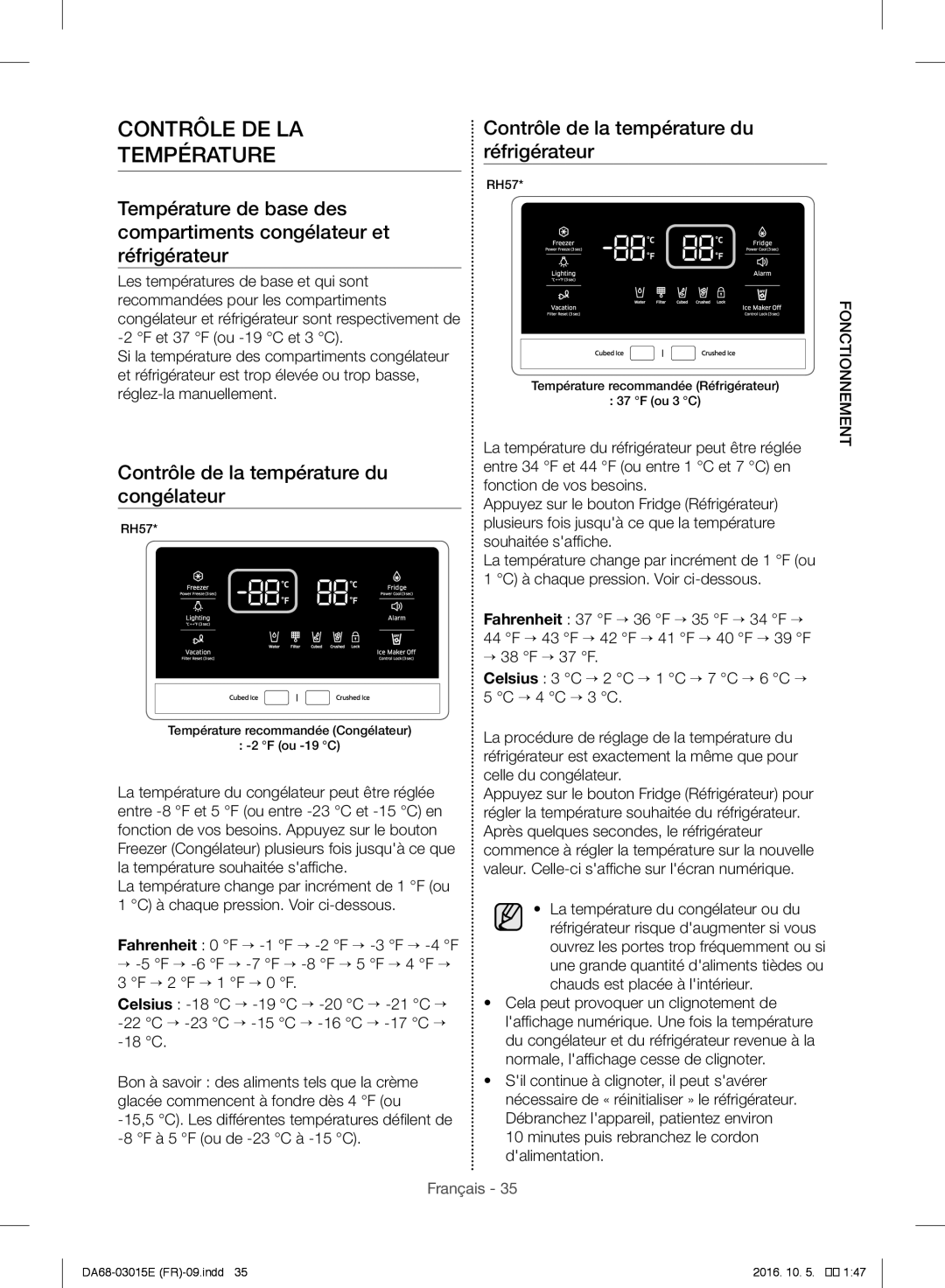 Samsung RH57H90507F/EF manual Contrôle DE LA Température, Contrôle de la température du congélateur 