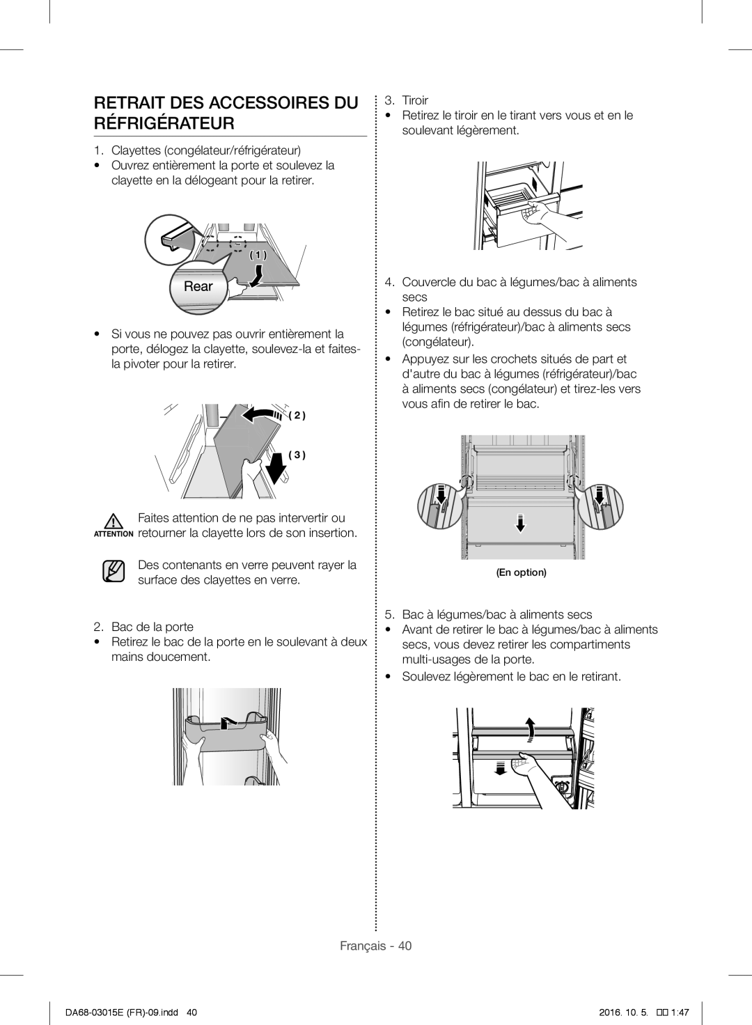 Samsung RH57H90507F/EF manual Retrait DES Accessoires DU Réfrigérateur 