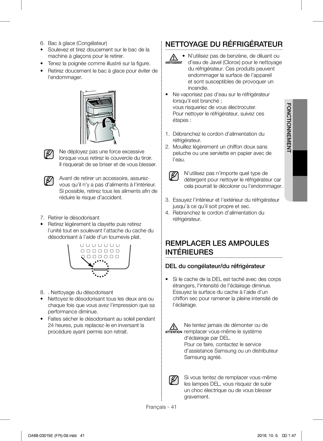 Samsung RH57H90507F/EF Nettoyage DU Réfrigérateur, Remplacer LES Ampoules Intérieures, DEL du congélateur/du réfrigérateur 