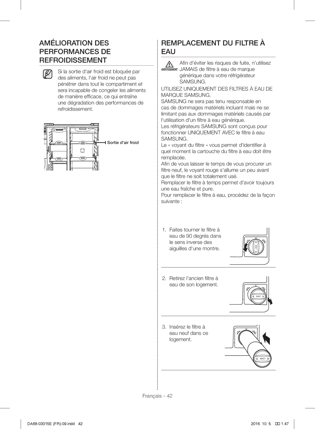 Samsung RH57H90507F/EF manual Amélioration DES Performances DE Refroidissement, Remplacement DU Filtre À EAU 