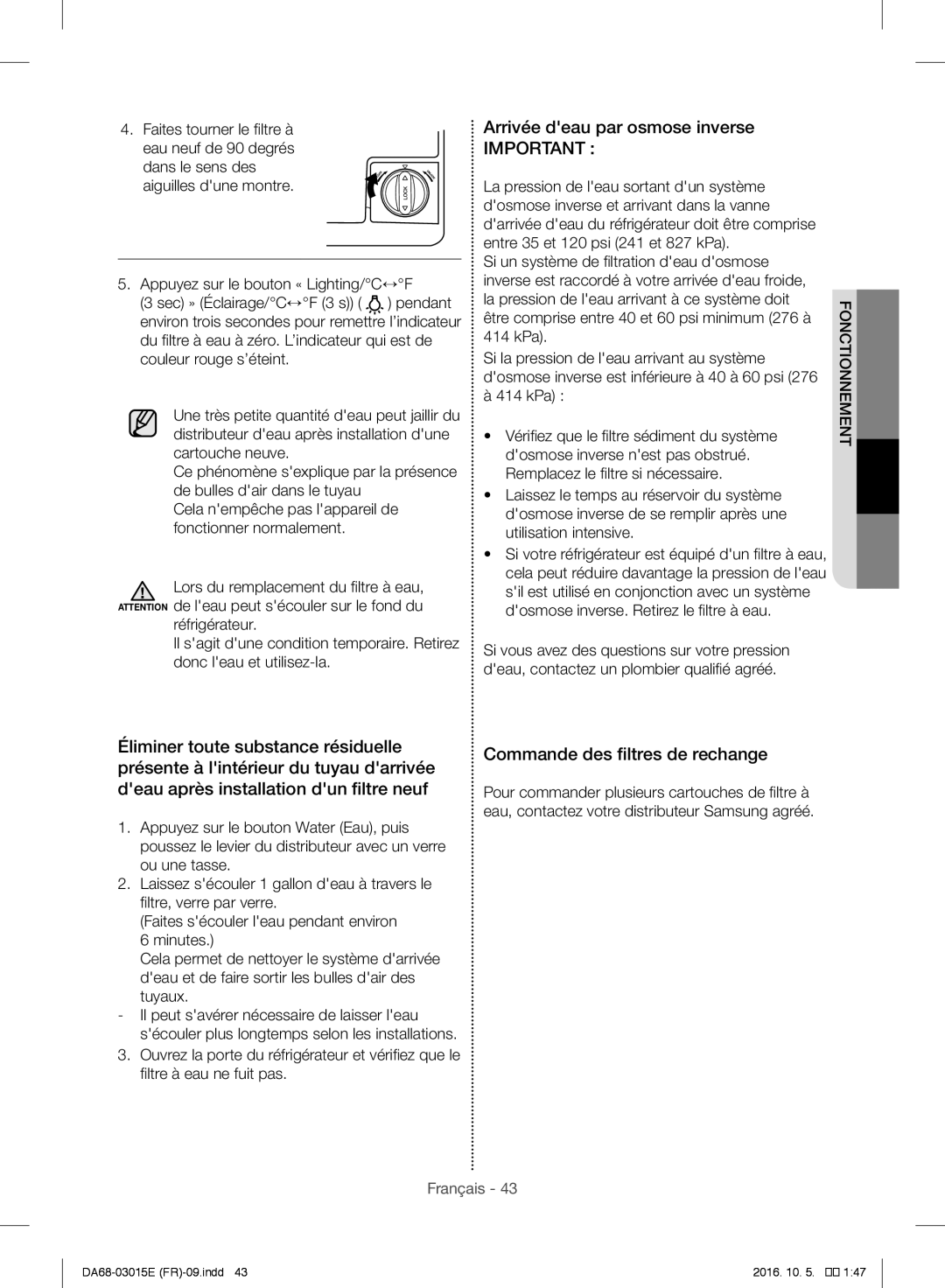 Samsung RH57H90507F/EF manual Arrivée deau par osmose inverse, Commande des filtres de rechange 