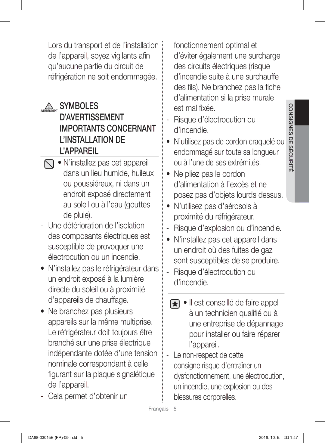 Samsung RH57H90507F/EF manual Cela permet d’obtenir un, Risque d’électrocution ou d’incendie 