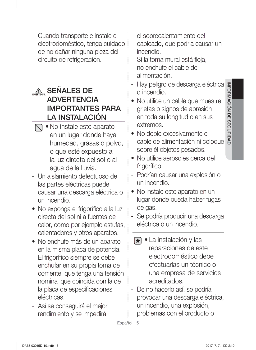 Samsung RH57H90507F/ES, RH57H90507F/EO, S24CHPSGQN/XEF manual Importantes Para LA Instalación, Deseguridad Información 