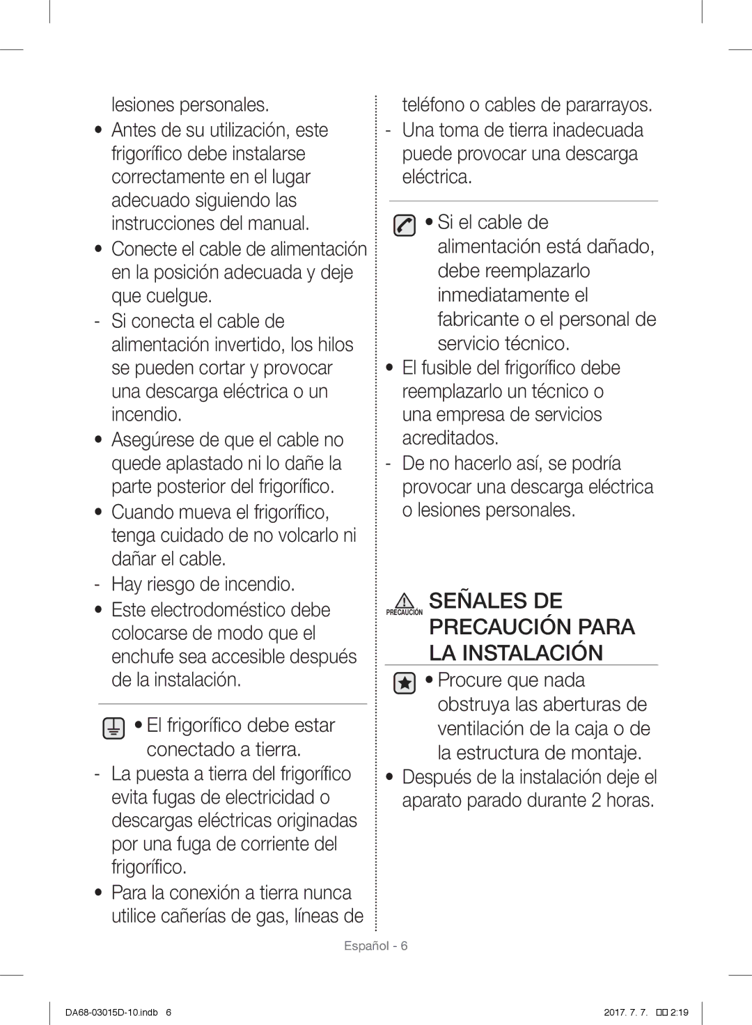 Samsung RH57H8030SL/ES, RH57H90507F/EO manual Señales DE Precaución Precaución Para LA Instalación, Lesiones personales 