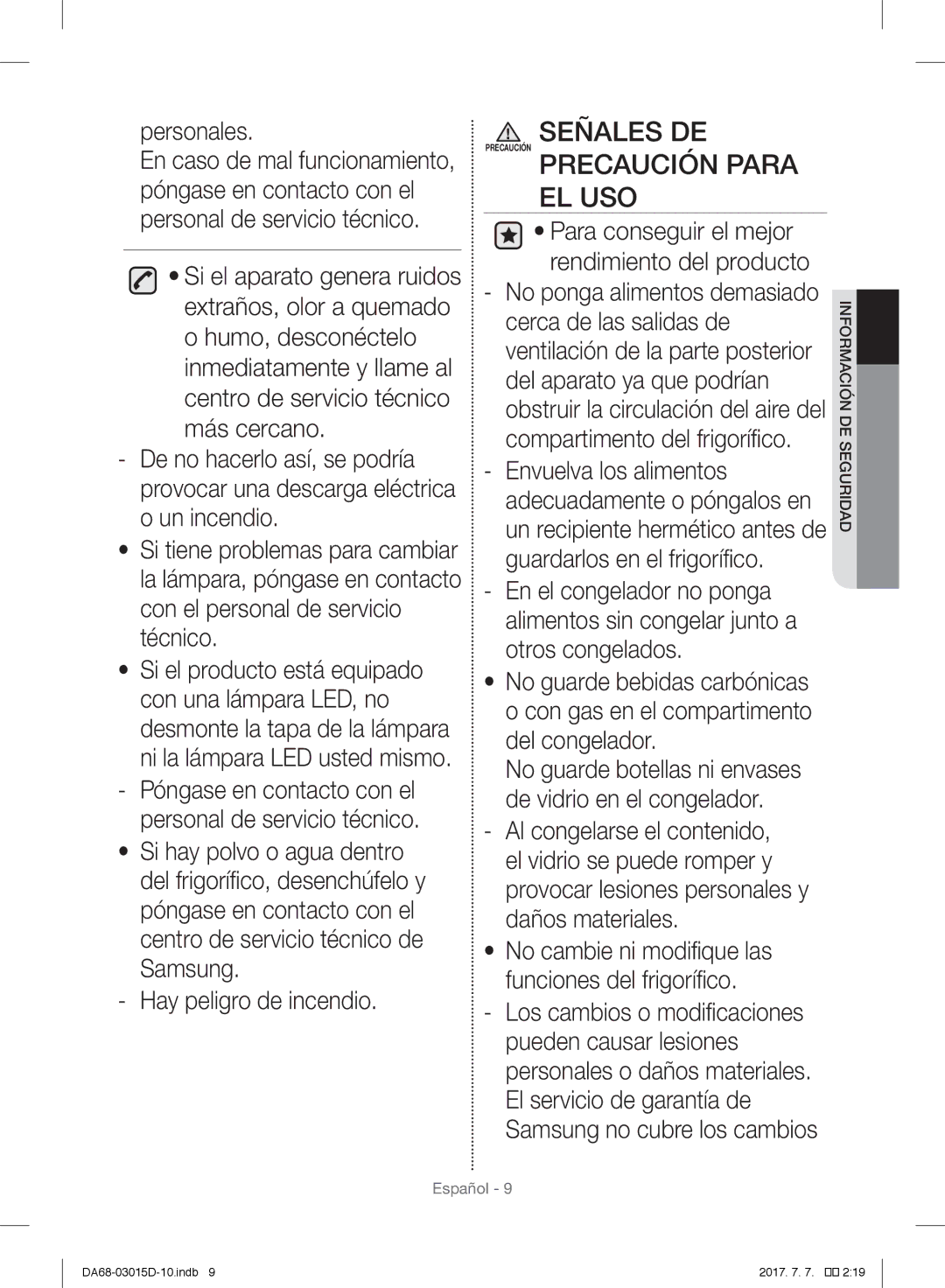 Samsung RH57H90507F/EO manual Personales, Hay peligro de incendio, Para conseguir el mejor rendimiento del producto 